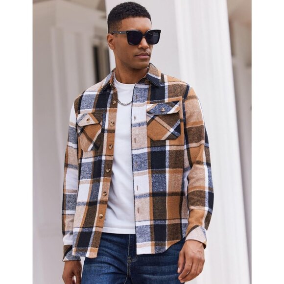 Coofandy Men Khaki-black Flannel Plaid Button Down Jacket Shirt with Pockets - Picture 4 of 6